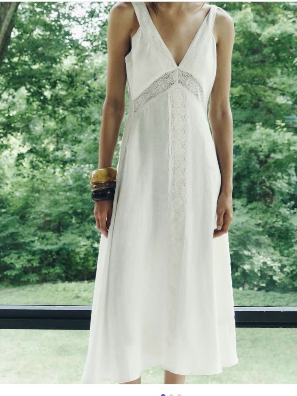 Zara White V‑Neck Lace-Panel Midi Dress